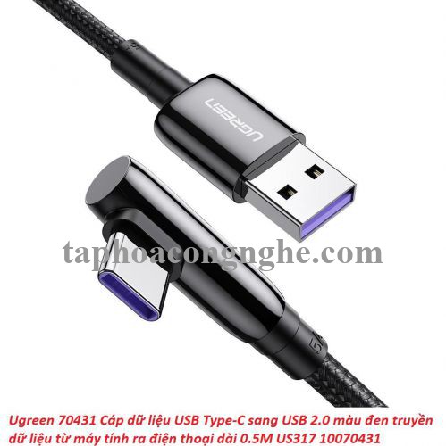 Ugreen 70431 50cm bẻ góc C 90 độ Cáp USB A sang Type-C 2.0 màu đen truyền dữ liệu từ máy tính ra điện thoại dài 0.5M US317 30070431